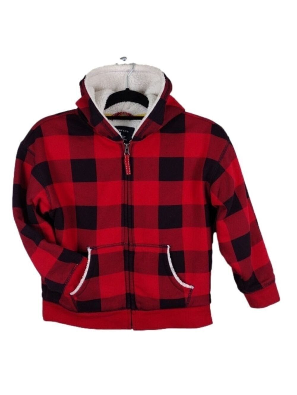 Lands' End Red Buffalo Check Fleece Lined Hooded Long Sleeve Zip Up Winter Coat